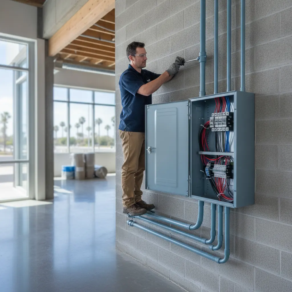 Licensed electrician performing commercial electrical work in a Murrieta, CA business