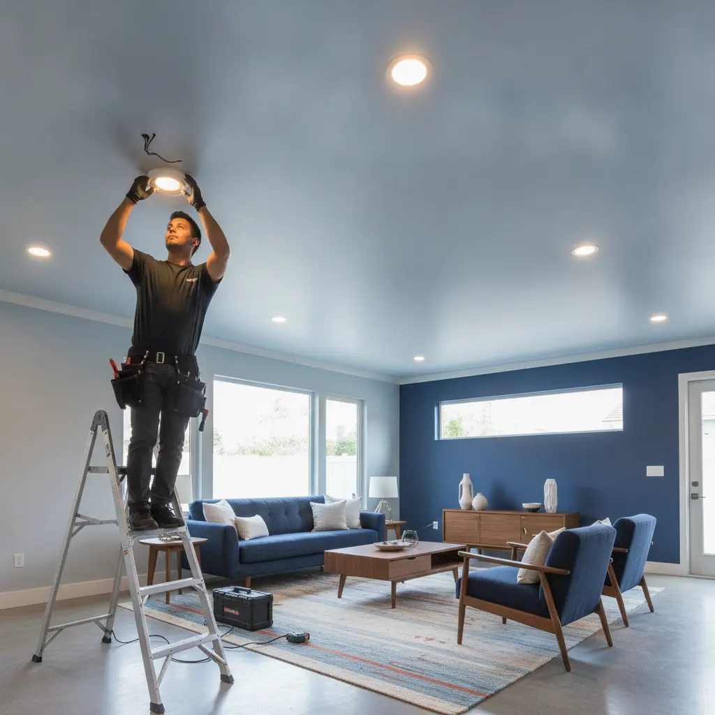 Electrician installing recessed LED lighting in a Murrieta, CA living room